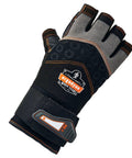 Impact Protection Work Gloves With Padded Palm And Half Finger Design For Maximum Dexterity Secure Grip Built In Wrist Support All Day Comfort Black Medium Shock Absorbing Palm Protection For Tough Jobs, black and gray tone with branded logo and wrist strap.