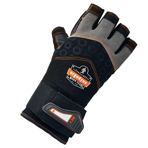 Impact Protection Work Gloves With Padded Palm And Half Finger Design For Maximum Dexterity Secure Grip Built In Wrist Support All Day Comfort Black Medium Shock Absorbing Palm Protection For Tough Jobs, black and gray tone with branded logo and wrist strap.