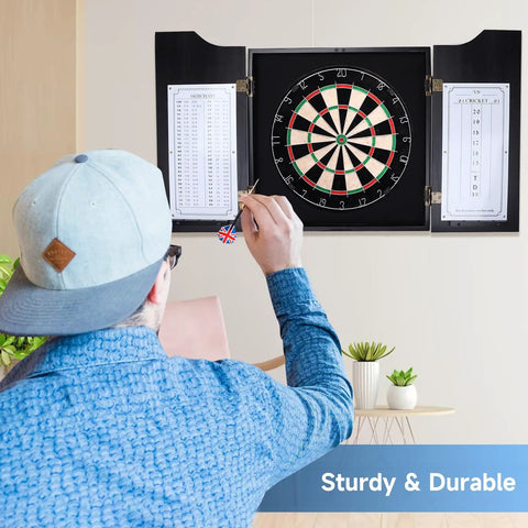 Person playing with Solid Wood Classic Dartboard Cabinet Set With Bristle Dartboard, Built In Scoreboard, 6 Steel Tip Darts