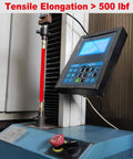 Testing machine displaying tensile elongation of over 500 lbf on red air hose with coupler