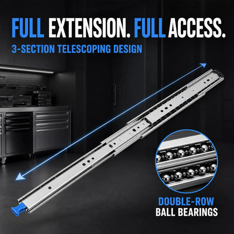 Beefy Heavy Duty Drawer Slides With Lock 500 Lb Capacity Full Extension Side Mount Ultra Smooth Quiet Operation Industrial Grade Steel Ball Bearings Durable 2.5mm Q235 Steel, 3-section telescoping slide