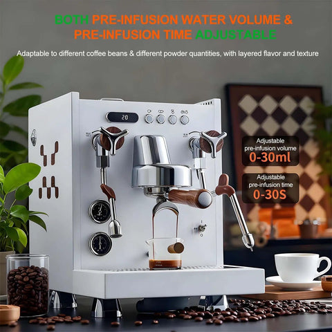 All In One Hot And Cold Milk Frother Steamer With 2850W Power 15 Bar Pressure And 58mm Group Head image showing adjustable pre-infusion coffee machine.