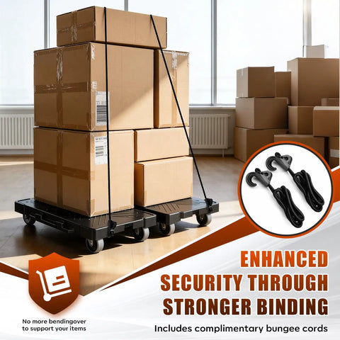 Heavy Duty Interlocking Furniture Dolly 2 Pack Slick Rolling Casters designed for moving big appliances with secure bungee cords.