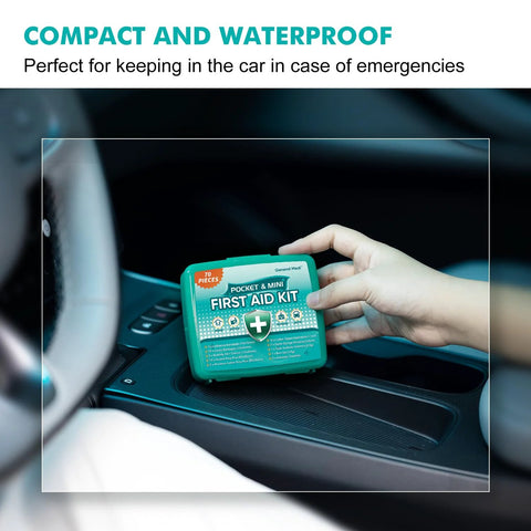General Medi pocket first aid kit, teal plastic case with 70 pieces, shown in a car console.