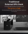 Traditional external GPU dock shown in a workspace, highlighting its design limitations and heat dissipation issues.