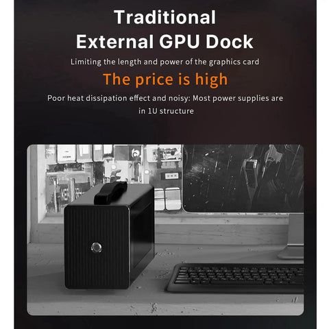 Traditional external GPU dock shown in a workspace, highlighting its design limitations and heat dissipation issues.