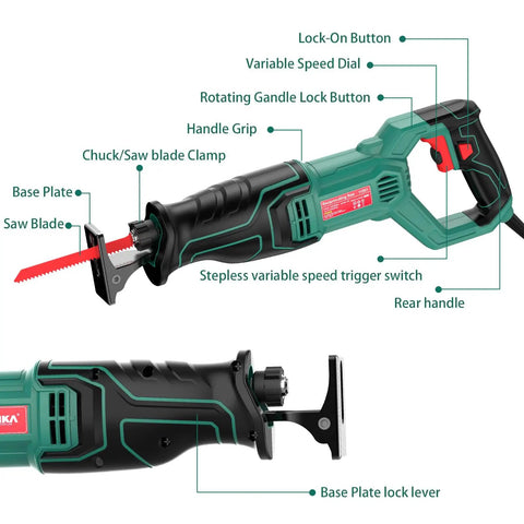 Beast Of A Corded Reciprocating Saw With Variable Speed Trigger, 6A Motor, 2800 SPM showing features and labeled parts