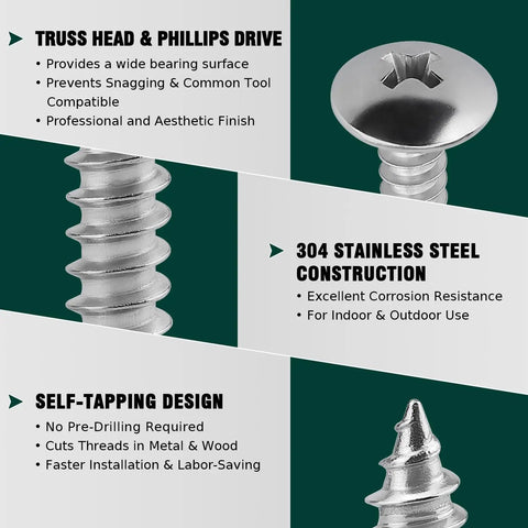 Rock Solid Number 10 Truss Head Screws With Phillips Drive Self Tapping Sheet Metal And Wood Fasteners crafted from durable 304 stainless steel.