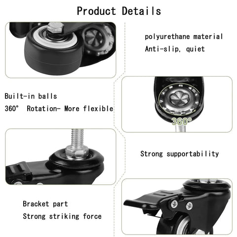 Straight Up Heavy Duty Silent Pu Caster Wheels 4 Pack 2 Inch Lockable Swivel With M10x25mm Screw Insert showing 360-degree rotation and polyurethane material details.