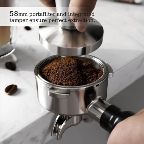 Top Shelf Espresso Machine With Built In Grinder And 20 Bar Pressure sleek portafilter with coffee grounds ready for extraction