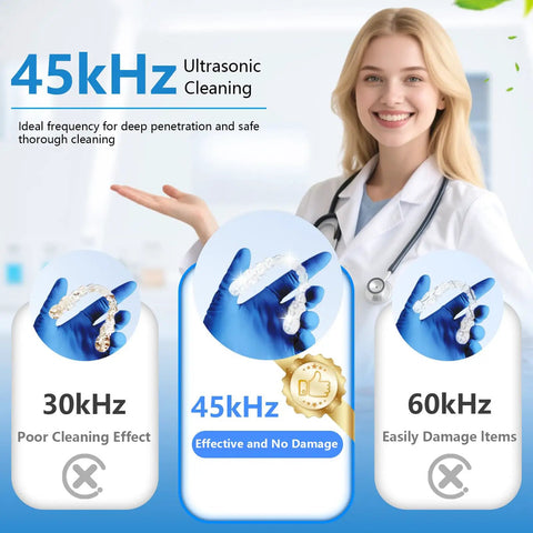 Ultrasonic Retainer Cleaner Machine With 45KHz Cleaning Power For Dentures, Aligners, Mouth Guards, Night Guards, Toothbrush Heads And Jewelry, Four Cleaning Modes, Digital Timer, 200ml Capacity, White shown with 45kHz cleaning comparison