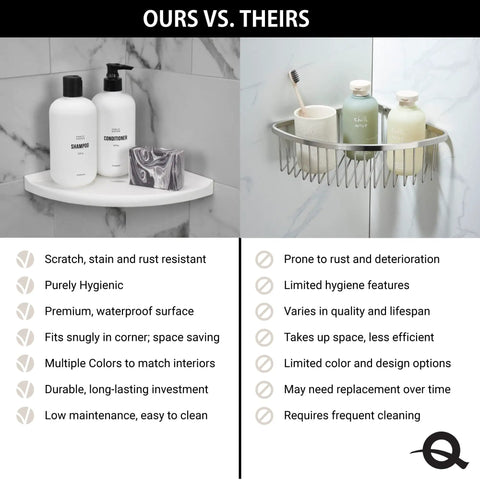 Comparison of 8 Inch Corner Shower Shelf Retrofit Organizer with Corner Caddy Soap Dish, highlighting features and benefits.