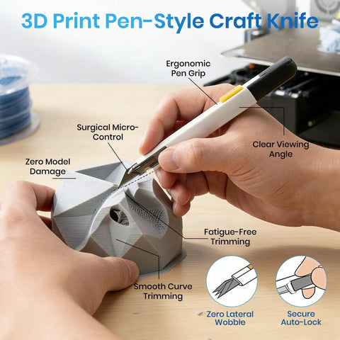 Using a 3D print pen-style craft knife for precise trimming on a 3D printed model, showcasing ergonomic design and control.