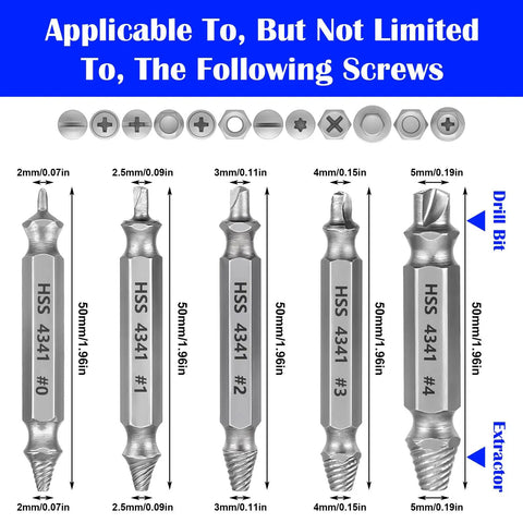 Image of Six Piece Screw Extractor Set For Damaged Screws And Rusty Bolts HSS High Speed Steel Removers with size specifications