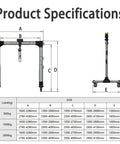 Product specifications for Portable Aluminum Gantry Crane Cranks Out A Rock Solid 4400 Lbs Capacity with detailed measurements.