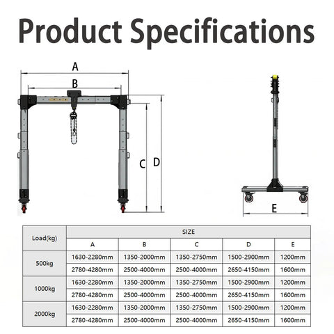 Product specifications for Portable Aluminum Gantry Crane Cranks Out A Rock Solid 4400 Lbs Capacity with detailed measurements.