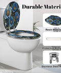 Close-up of Elongated Vintage Botanical Blue Detailed Foliage Toilet Seat featuring resin material and soft-close hinge.