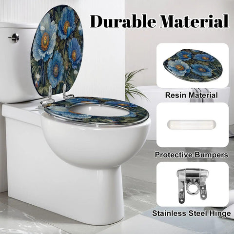 Close-up of Elongated Vintage Botanical Blue Detailed Foliage Toilet Seat featuring resin material and soft-close hinge.
