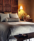 Bedroom with gold brass wall sconce and fabric shade, part of the Bedroom Bedside Wall Lamps Set Of 2 Gold Brass Plug In Or Hardwired Wall Sconces