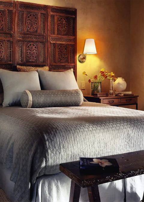 Bedroom with gold brass wall sconce and fabric shade, part of the Bedroom Bedside Wall Lamps Set Of 2 Gold Brass Plug In Or Hardwired Wall Sconces