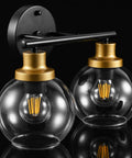 2 Light Vanity Fixture With Clear Globe Shade Black And Gold Finish Modern Wall Sconce For Bathroom Mirror Vintage Mid Century Vibe 14 Inch Long Bulb Not Included