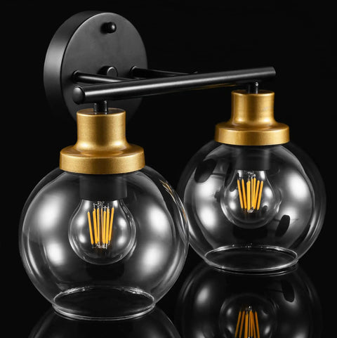2 Light Vanity Fixture With Clear Globe Shade Black And Gold Finish Modern Wall Sconce For Bathroom Mirror Vintage Mid Century Vibe 14 Inch Long Bulb Not Included