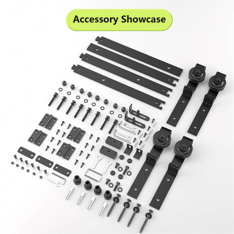 Components of 52 Inch Bifold Barn Door Hardware Kit For 4 Bifold Doors Black Finish, showcasing thickened carbon steel construction