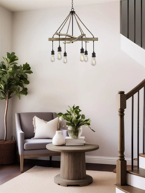 Farmhouse Style 6 Light Rope Pendant Chandelier In Smoked Birch And Textured Black Finish with hanging sockets in living room.