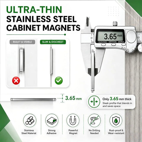 Ultra Thin Magnetic Cabinet Catch 4 Pack Silver, Powerful Door Latch for Cabinets and Closets, 3.65mm thickness gauge shown