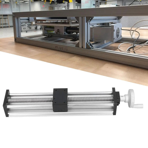 Heavy Duty 300mm Stroke CNC Linear Stage Actuator With Hand Crank, aluminum alloy rail visible in industrial setup
