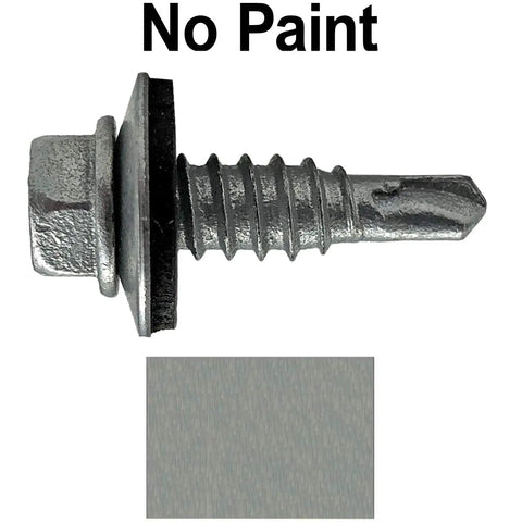 Close-up of a 14 By 7/8 Inch Metal Roofing Screw Type 1 Drill Point With Hex Washer Head And 9/16 Inch EPDM Washer, unpainted.