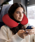 Woman using Morocco Flag Print U Shaped Travel Pillow With Slow Rebound Memory Foam Core Cervical Neck Support for naps on train