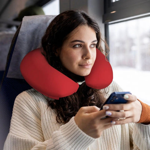 Woman using Morocco Flag Print U Shaped Travel Pillow With Slow Rebound Memory Foam Core Cervical Neck Support for naps on train