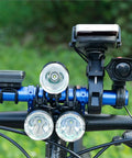 20cm Bike Handlebar Extension Frame With Double Clamp Bracket attached to bicycle, holding lights and devices, blue aluminum