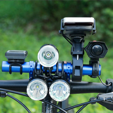 20cm Bike Handlebar Extension Frame With Double Clamp Bracket attached to bicycle, holding lights and devices, blue aluminum