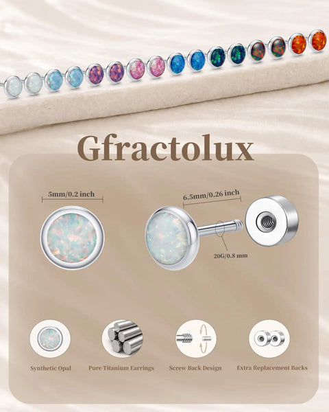 Top Shelf Implant Grade Titanium Opal Stud Earrings Screw Back 5Mm Smooth Gem 20G showcasing synthetic opal and titanium design.