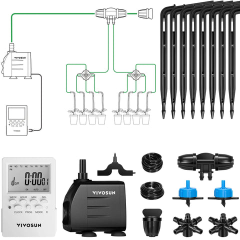 All In One Professional Drip Irrigation Kit With Pump, Timer, Regulator, 15W Output, 8 Drip Emitters for gardening setup.