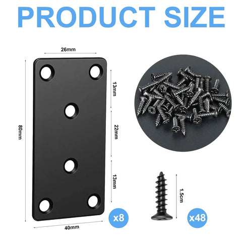 Heavy Duty Black Flat Metal Brackets For Wood Repair Set With Included Screws showing 8 brackets and 48 screws for furniture repair.
