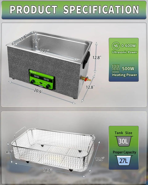 Heavy Duty 30L Ultrasonic Cleaner 600W Industrial Parts Washer With Sweep Mode And Degas Function product specifications with dimensions.
