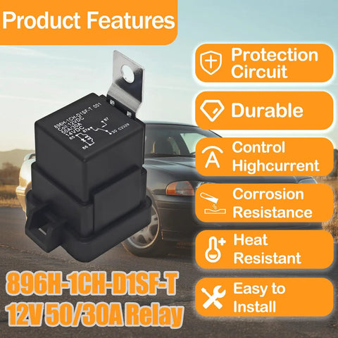 Beefy 50A SPDT Relay With 1 Form C, 12V DC Coil, shown with protection features and car background for automotive use