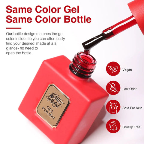 Close-up of red bottle from Six Piece 12ml Gel Nail Polish Set In Red, Wine Red, Light White, Gray, Blue, And Dark Blue For Salon Or DIY.