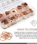 Copper Crush Washers Set, 200-Piece Metric Gasket Kit in clear organizer box, 9 sizes visible, rustproof and heat-resistant flat seals