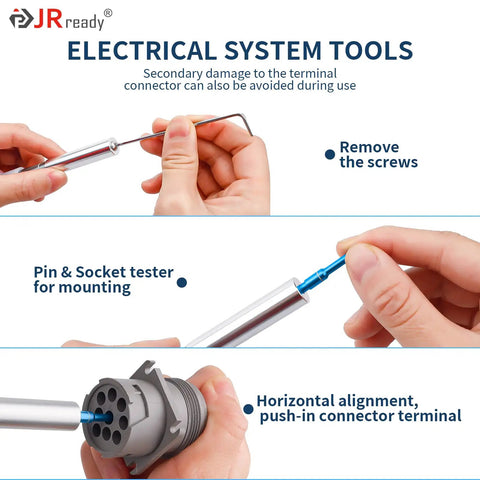 HT250-5 Connector Inspection Tool Kit With Socket And Pin Tips Pro Grade At Home Electrical Tester For Automotive Connectors Terminals And Retention Tests Includes 3 Pairs Of Sockets And Pins, aluminum tool in use