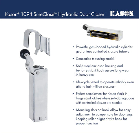 SureClose Hydraulic Door Closer With Concealed Mounting And Wide Hook, displayed against text description, metal housing visible.