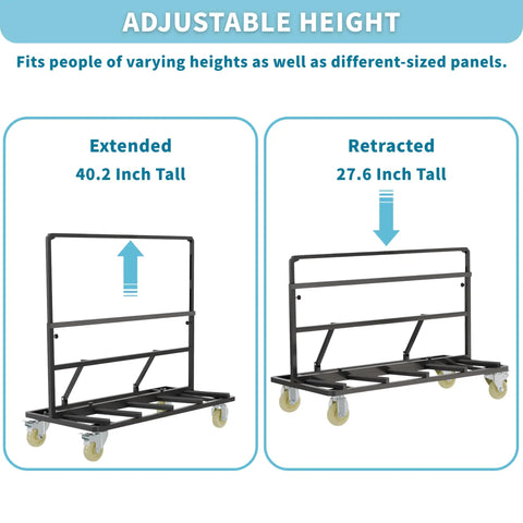 Heavy Duty Folding Drywall Cart Dolly With 1800 Lbs Capacity For Panels Plywood Lumber And Glass, Adjustable Handle Height For Easy Push On The Job, Steel Frame Black showing extended and retracted heights