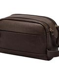 Built Tough PU Leather Toiletry Bag For Men, Big Time Capacity Travel Dopp Kit, Dark Brown angle view with handle.
