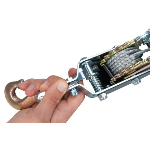 Close-up of Beast Mode Dual Gear Power Puller 2 Ton Capacity Winch with 6 Foot Aircraft Cable Drop Forged Steel Safety Hooks.
