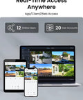 8 Channel 4K PoE Security Camera System With 6 Outdoor Bullet Cameras interface on laptop, tablet, and smartphone