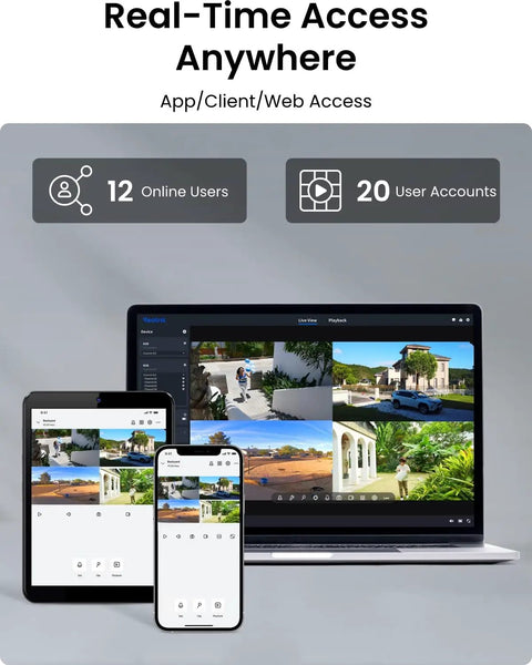8 Channel 4K PoE Security Camera System With 6 Outdoor Bullet Cameras interface on laptop, tablet, and smartphone