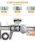 Digital Caliper 6 Inch All Metal IP54 Rated Tough As Nails With ABS Auto Off Inch mm Fraction Readout showing 3 unit conversion